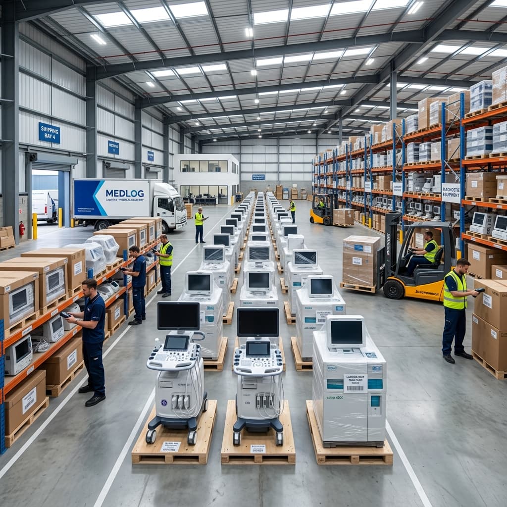 Medical equipment warehouse with laboratory analyzers