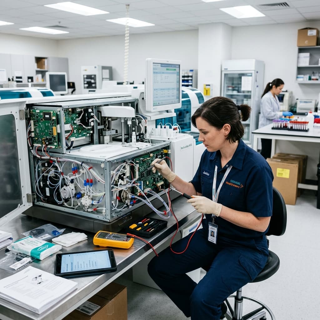 Service engineer conducting preventive maintenance on clinical analyzer