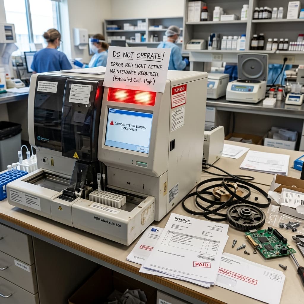 Medical laboratory analyzer showing unexpected error warning and high maintenance expenses