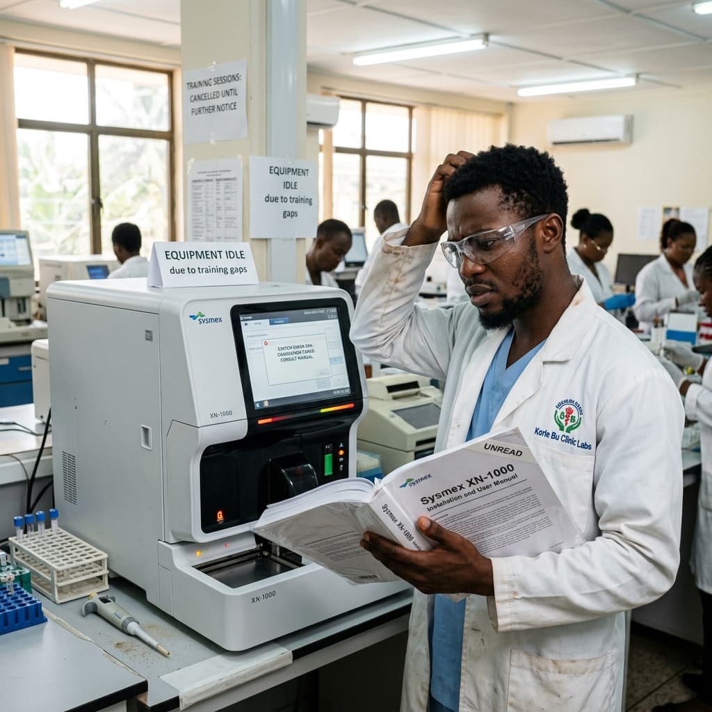 Laboratory technician in clinical room looking at idle diagnostic machinery without operator training