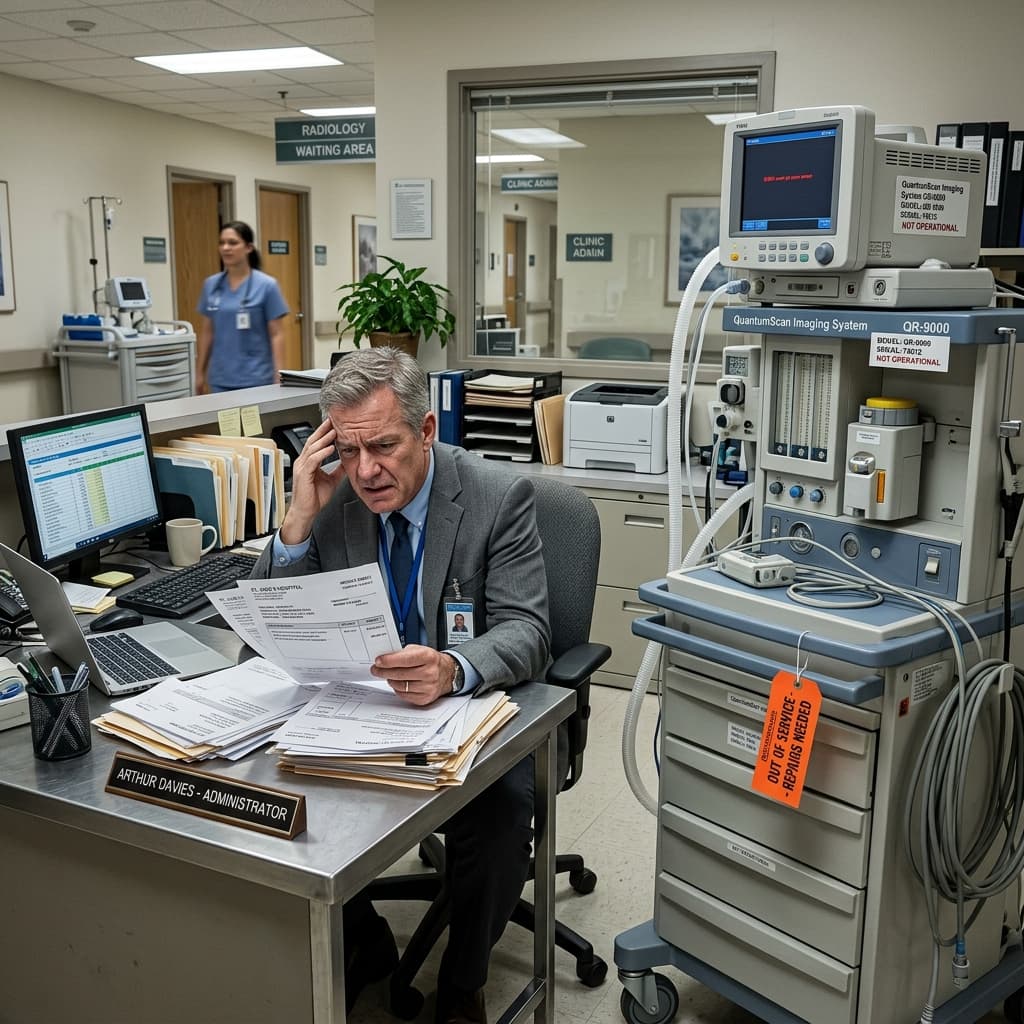 Healthcare facility administrator reviewing high medical equipment invoices in Kenya